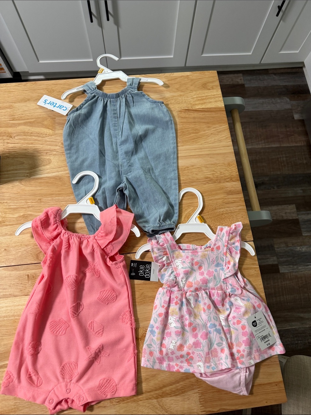 okie dokie Blue Denim Romper, Pink Heart Romper & Floral Pink Dress Set